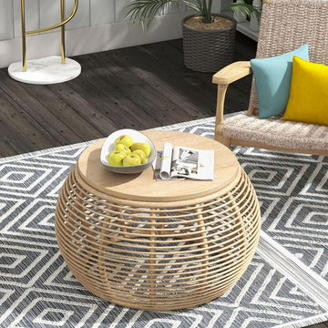 31.5" Boho Natural Round Patio Rattan Coffee Table with Wood-Top